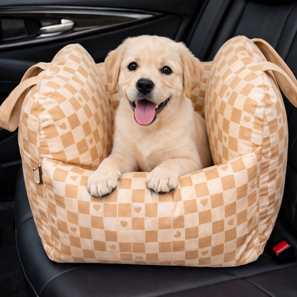 Brown heart-pattern Roam Waterproof Dog Car Seat Bed with a Labrador puppy sitting inside