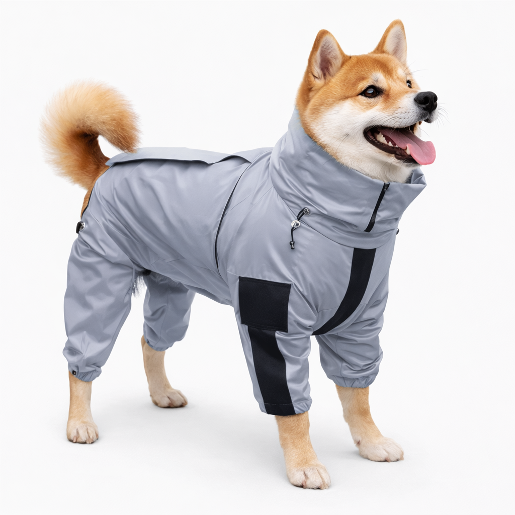 Shiba inu wearing the grey reflective Drizzle dog rain coat