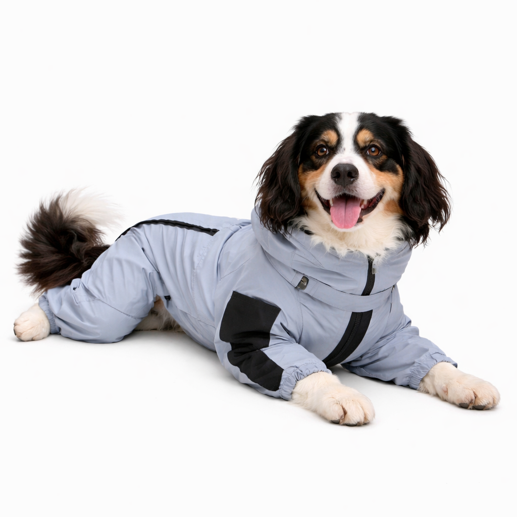 Spaniel wearing the grey reflective Drizzle dog rain coat