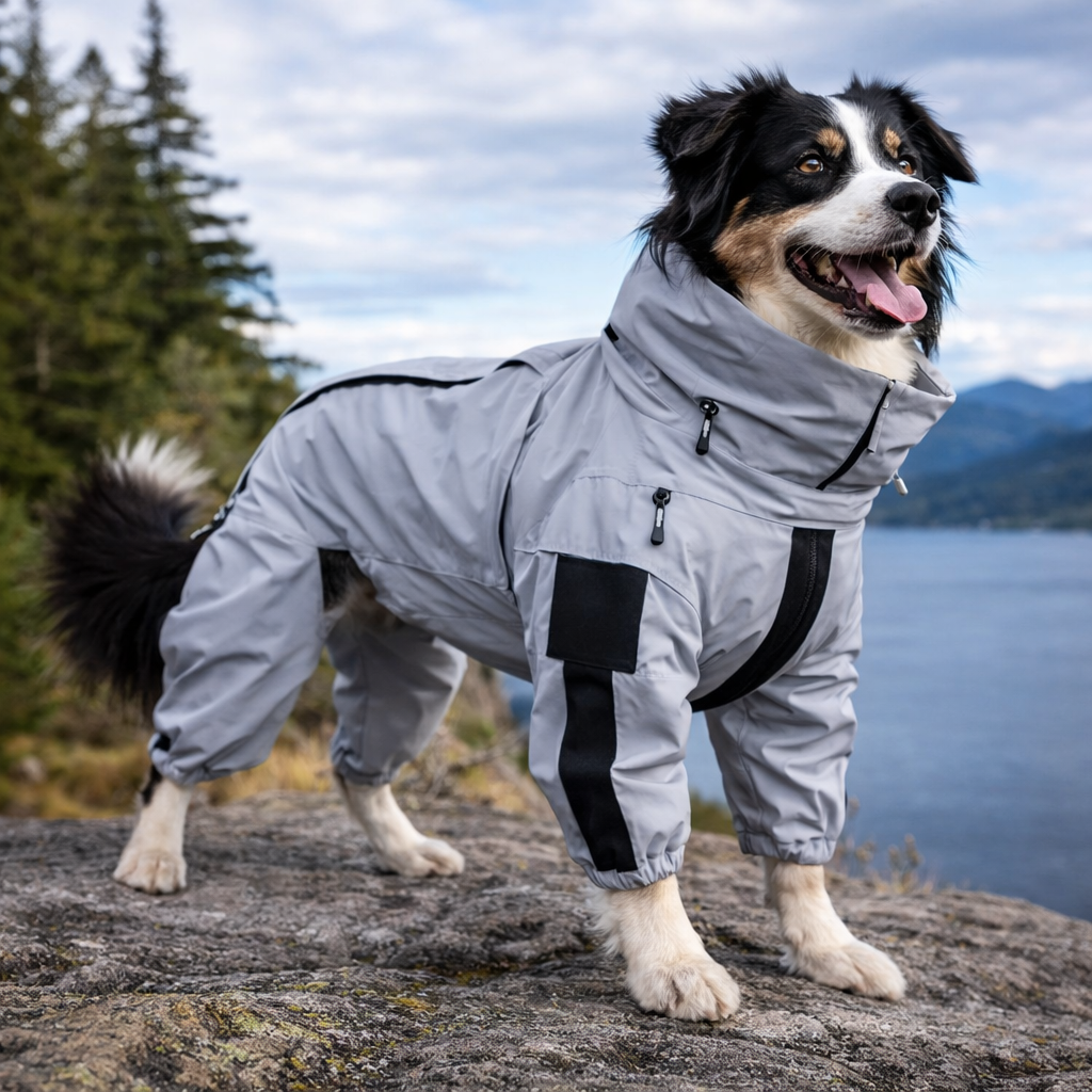 Border collie in the Drizzle reflective dog rain coat on a mountain overlook