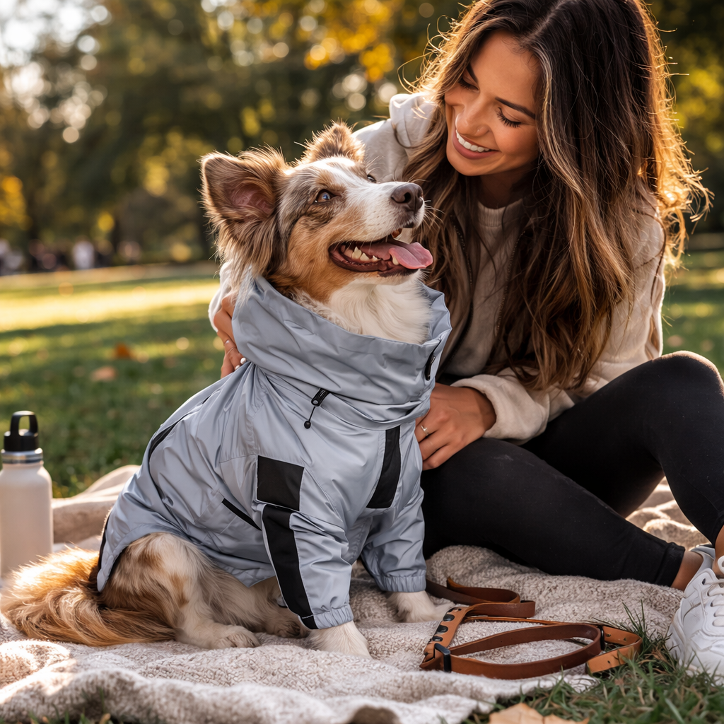 Woman with her border collie wearing the Drizzle dog rain coat in a park