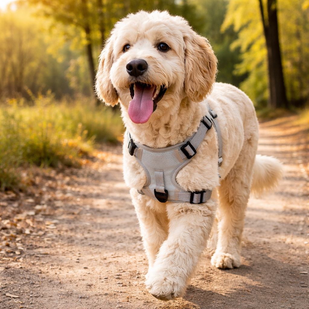 Goldendoodle wearing the gray Beacon Reflective Dog Harness on a trail