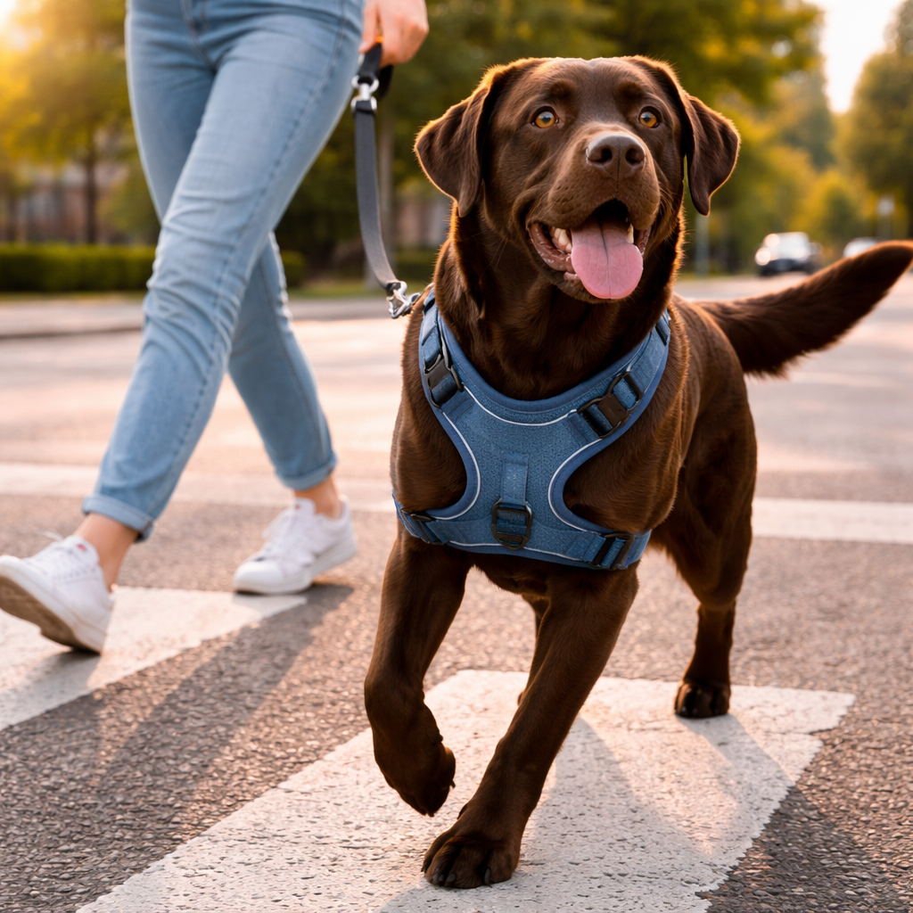 Chocolate Labrador wearing the blue Beacon Reflective Dog Harness on a walk