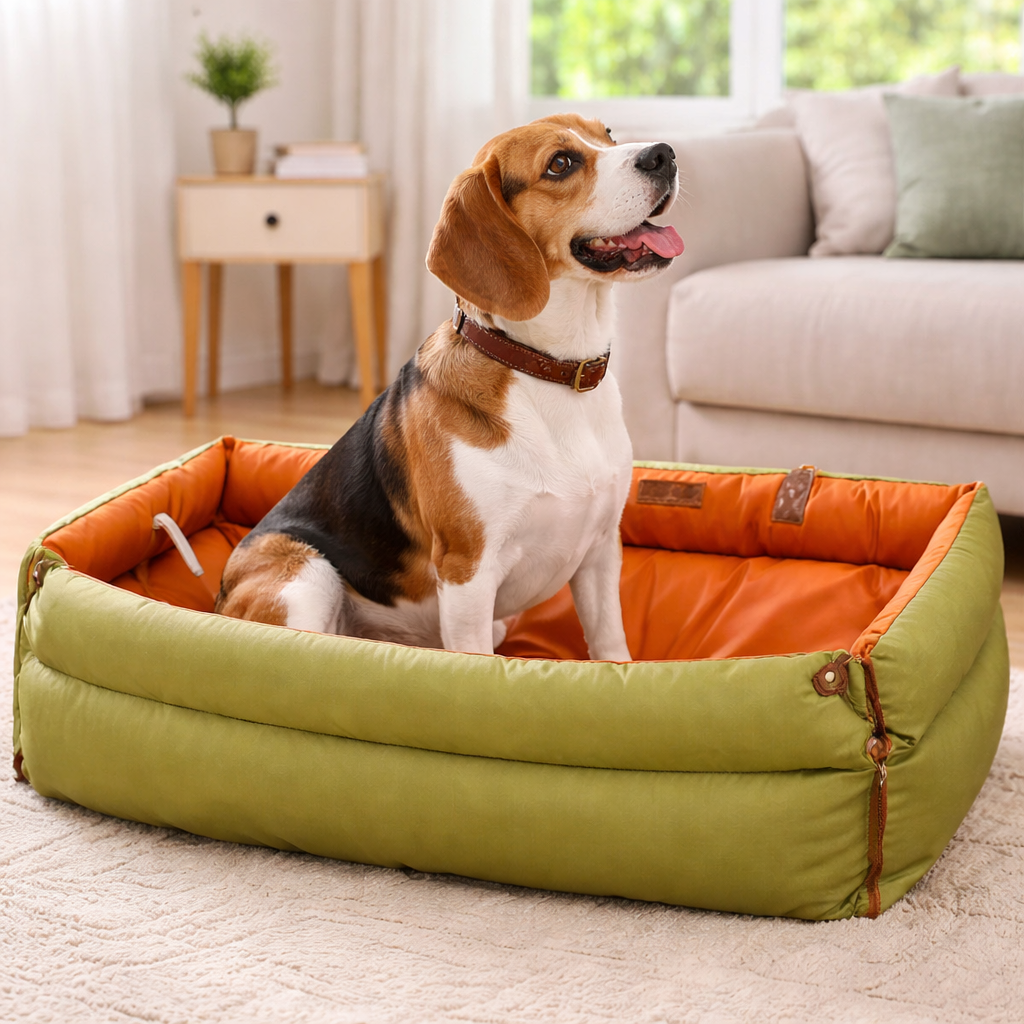 Beagle lounging in the Nomad Dog Car Booster Seat at home