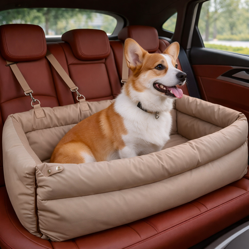 Corgi riding in the Nomad Dog Car Booster Seat on a car back seat