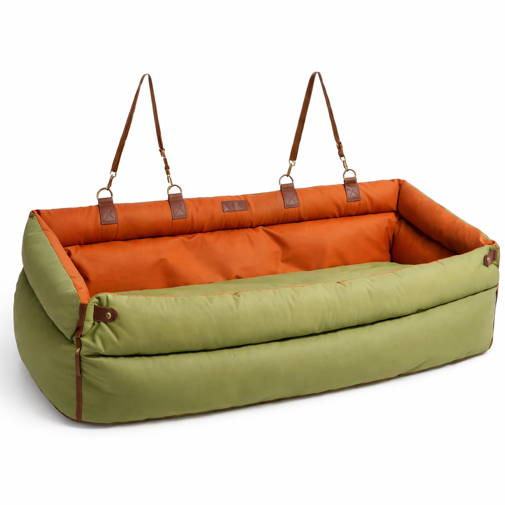 Nomad Dog Car Booster Seat in Orange Green with anchor straps