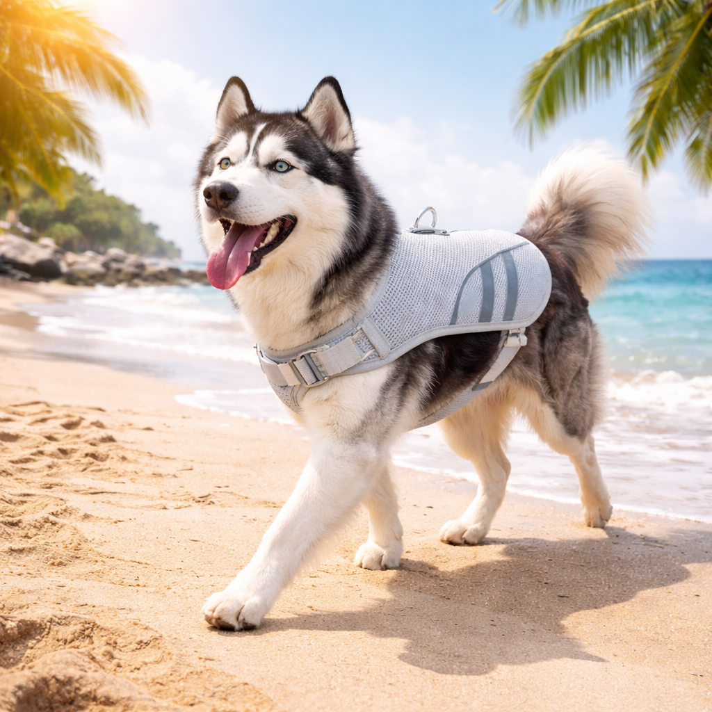 Husky wearing the grey Chill Cooling Dog Vest on a sunny beach
