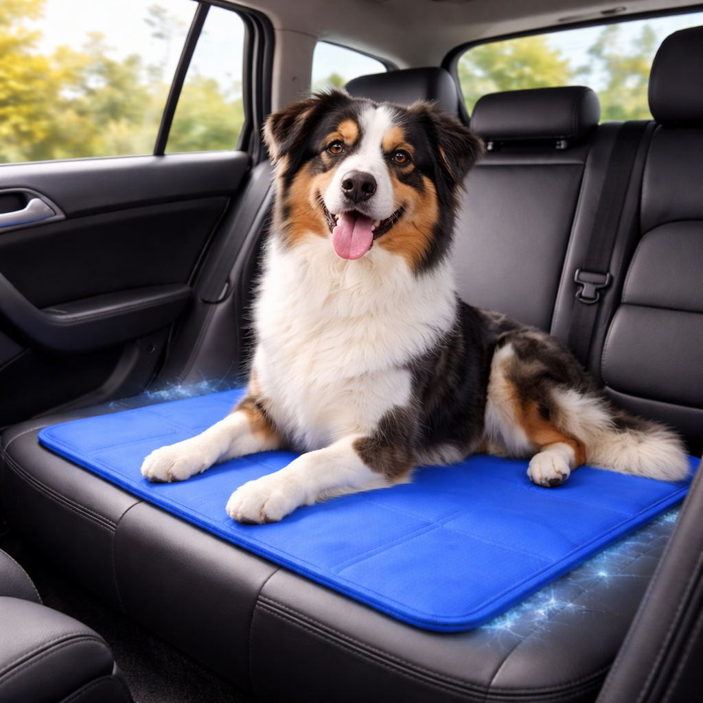 Australian shepherd on the Polar dog cooling mat in a car back seat