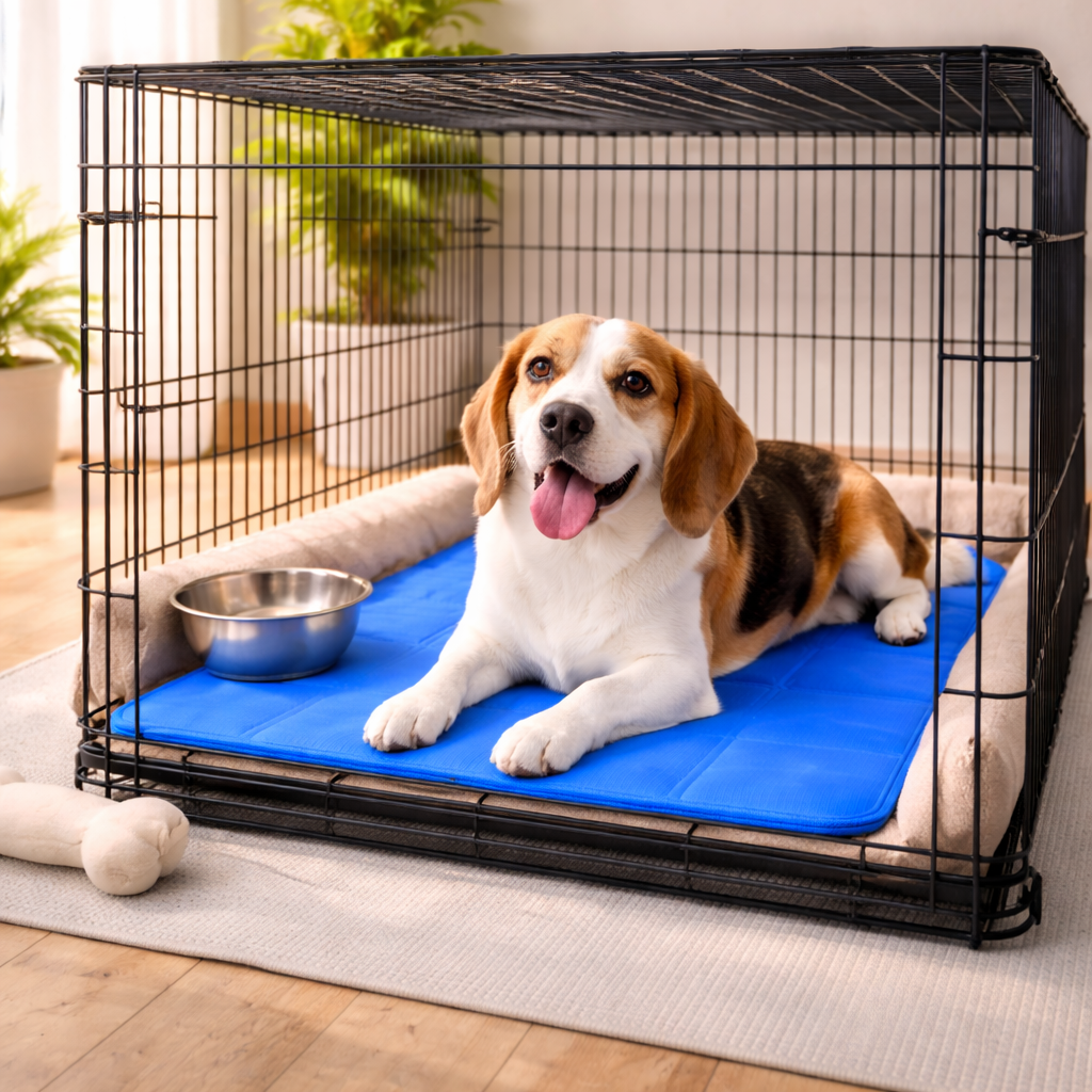Beagle cooling off on the Polar dog cooling mat inside a wire crate