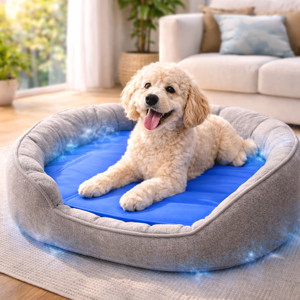 Doodle resting on the Polar dog cooling mat placed inside a dog bed