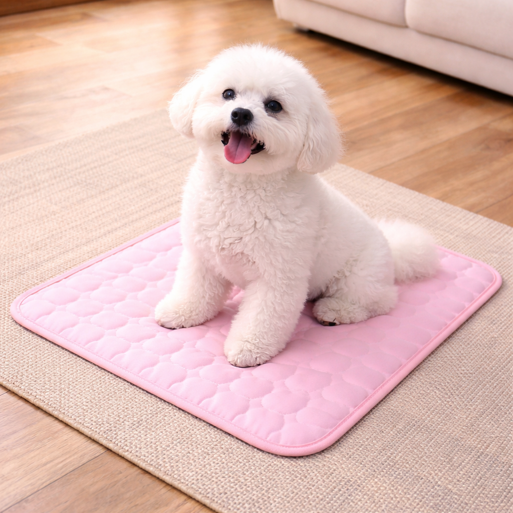 Bichon dog on the Pink Brisk cooling dog mat