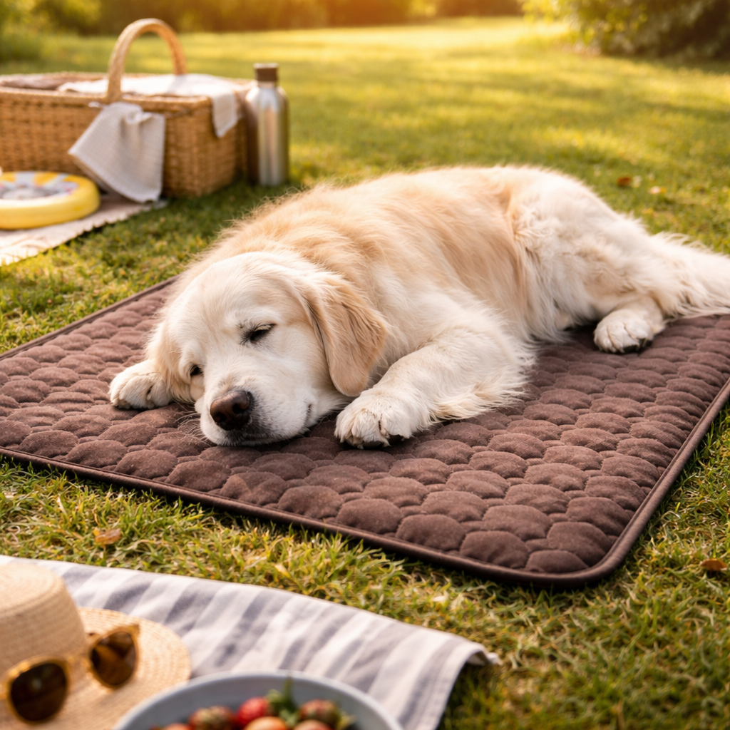 Golden Retriever resting on the Coffee Brisk cooling dog mat outdoors