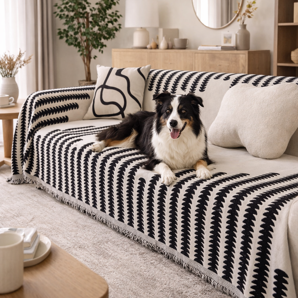 Cove Chenille Dog Sofa Cover in Black on a sofa with a dog lounging