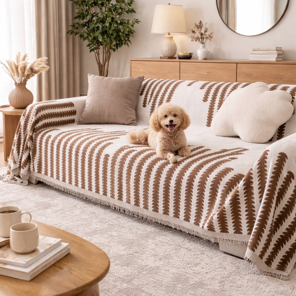 Cove Chenille Dog Sofa Cover in Coffee on a sofa with a poodle resting