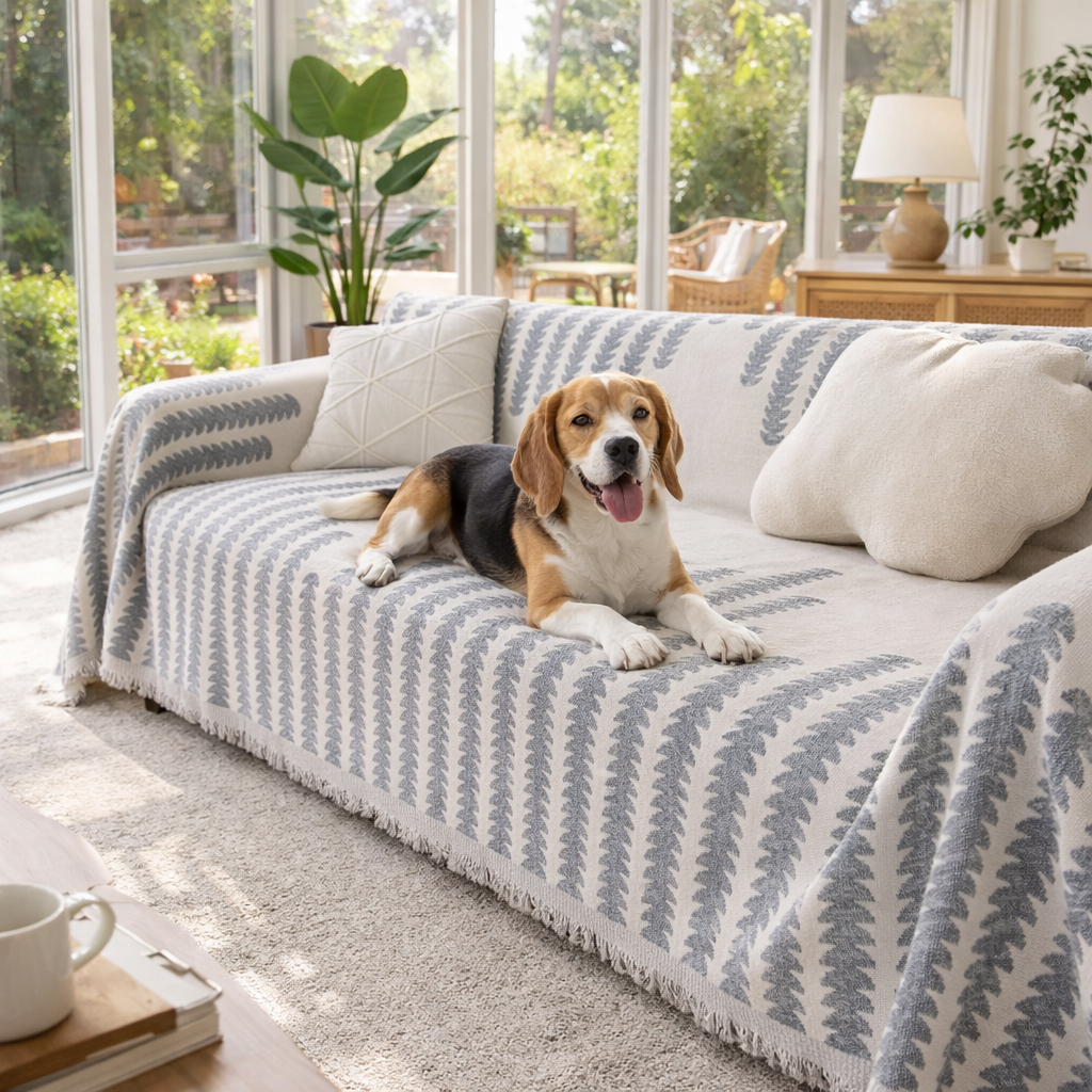 Cove Chenille Dog Sofa Cover in Grey on a sofa with a beagle lounging