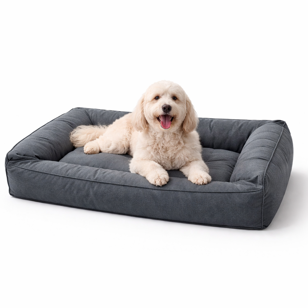 Dozer Orthopedic Bolster Dog Bed in Grey with a fluffy dog resting on it