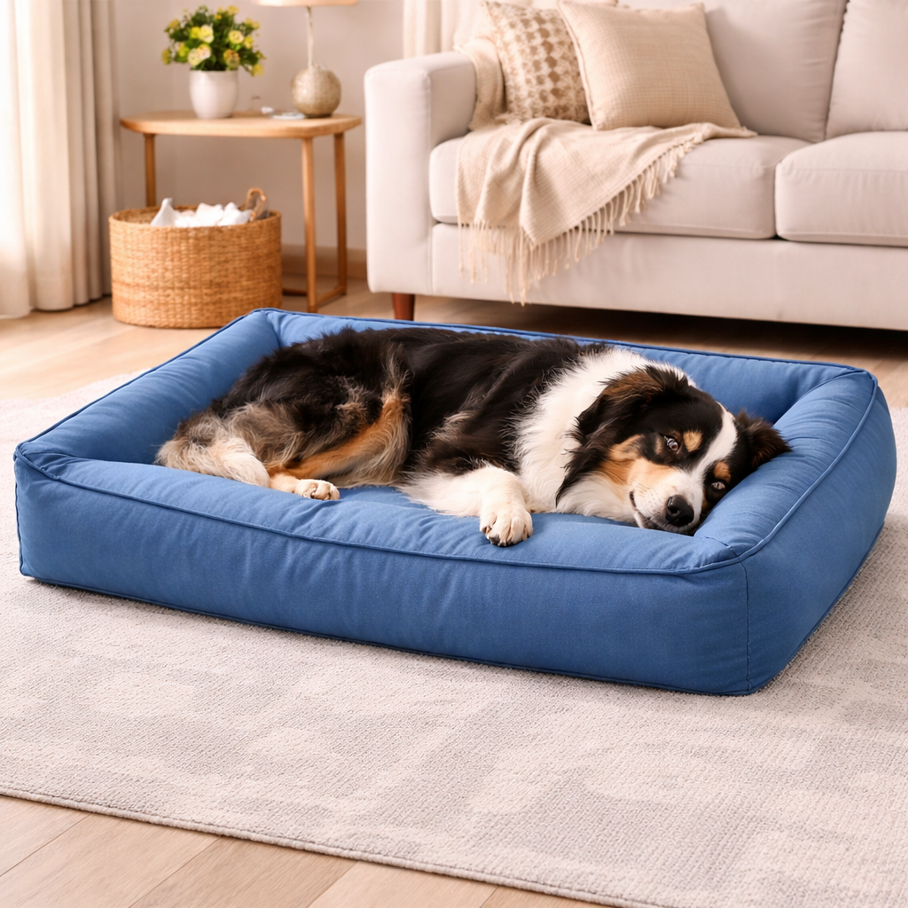 Australian shepherd resting in the blue Dozer Orthopedic Bolster Dog Bed