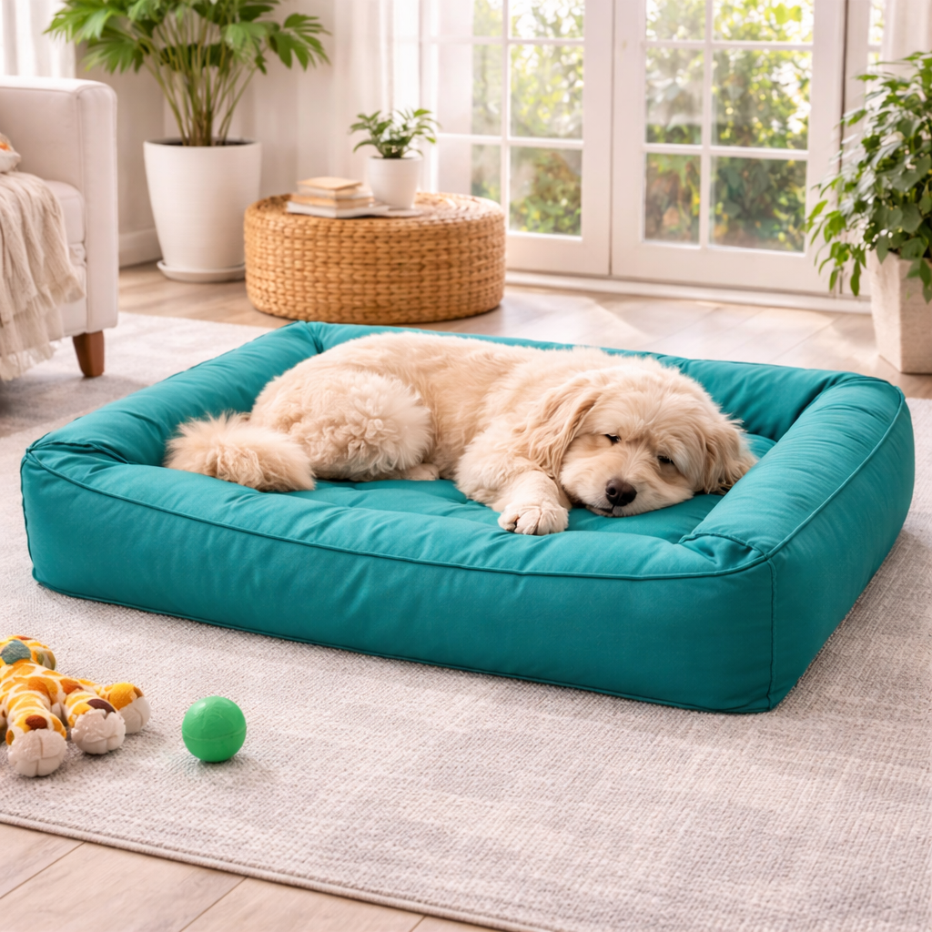 Golden retriever puppy napping in the dark-green Dozer Orthopedic Bolster Dog Bed