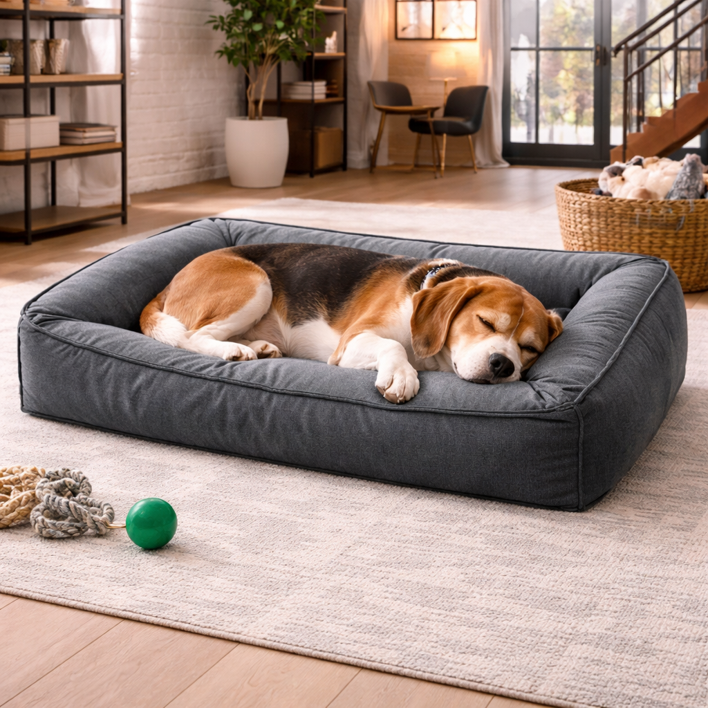Beagle sleeping in the grey Dozer Orthopedic Bolster Dog Bed in a living room