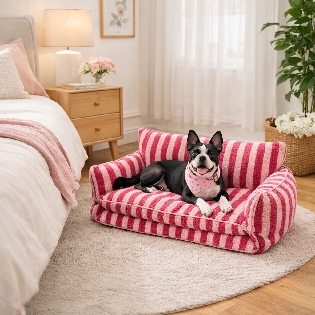 Boston Terrier resting on the Pink Stripe Chester dog sofa bed