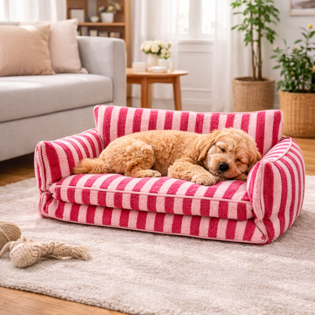 Doodle puppy napping on the Pink Stripe Chester dog sofa bed