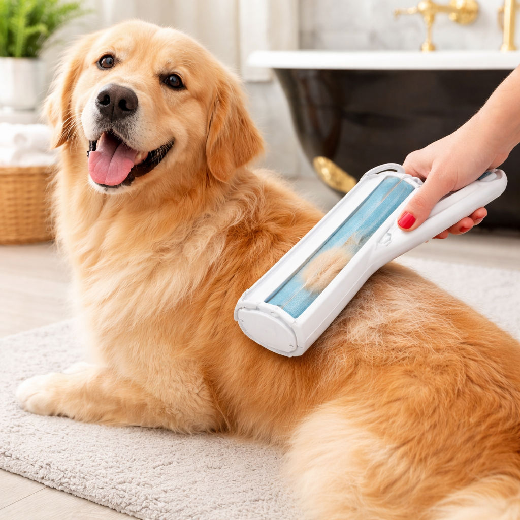 Golden retriever being groomed with the Fuzz reusable dog hair remover