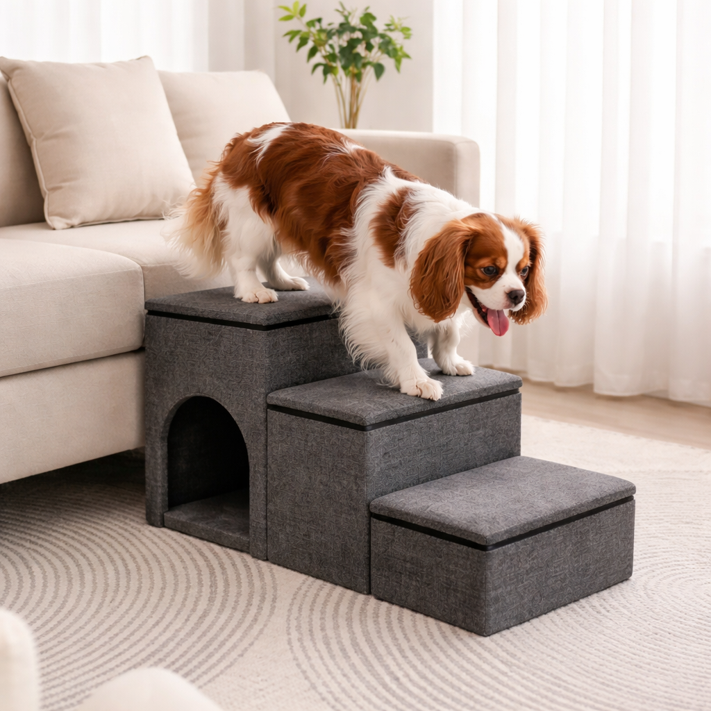 Cavalier King Charles Spaniel walking down the gray Nook dog stairs