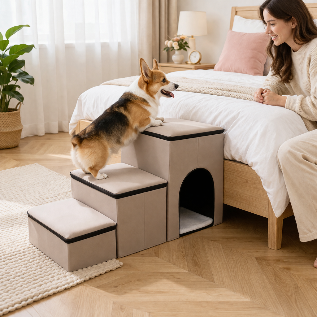 Corgi using the Beige Nook dog stairs to reach the bed