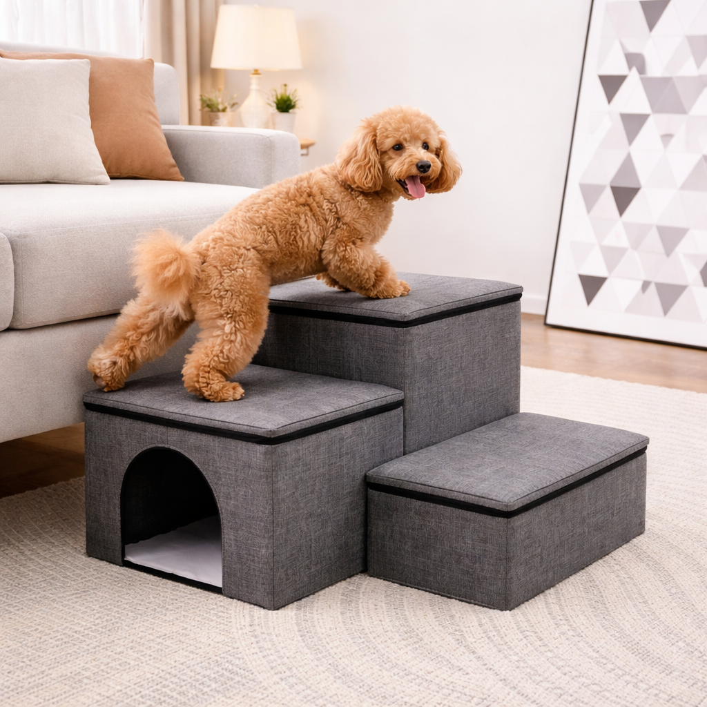 Toy Poodle on the gray Nook dog stairs next to the bed