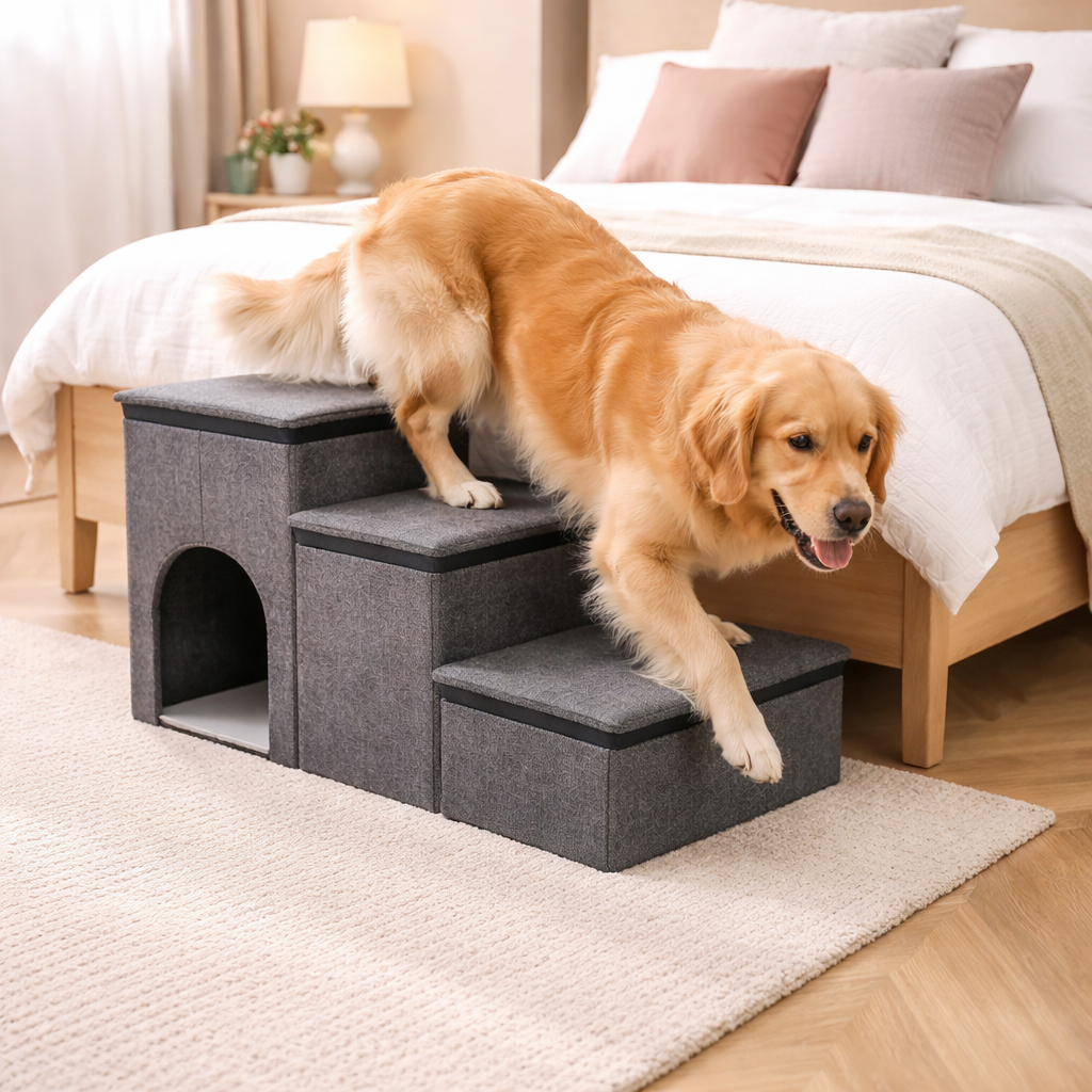 Golden Retriever climbing the gray Nook dog stairs up to the bed