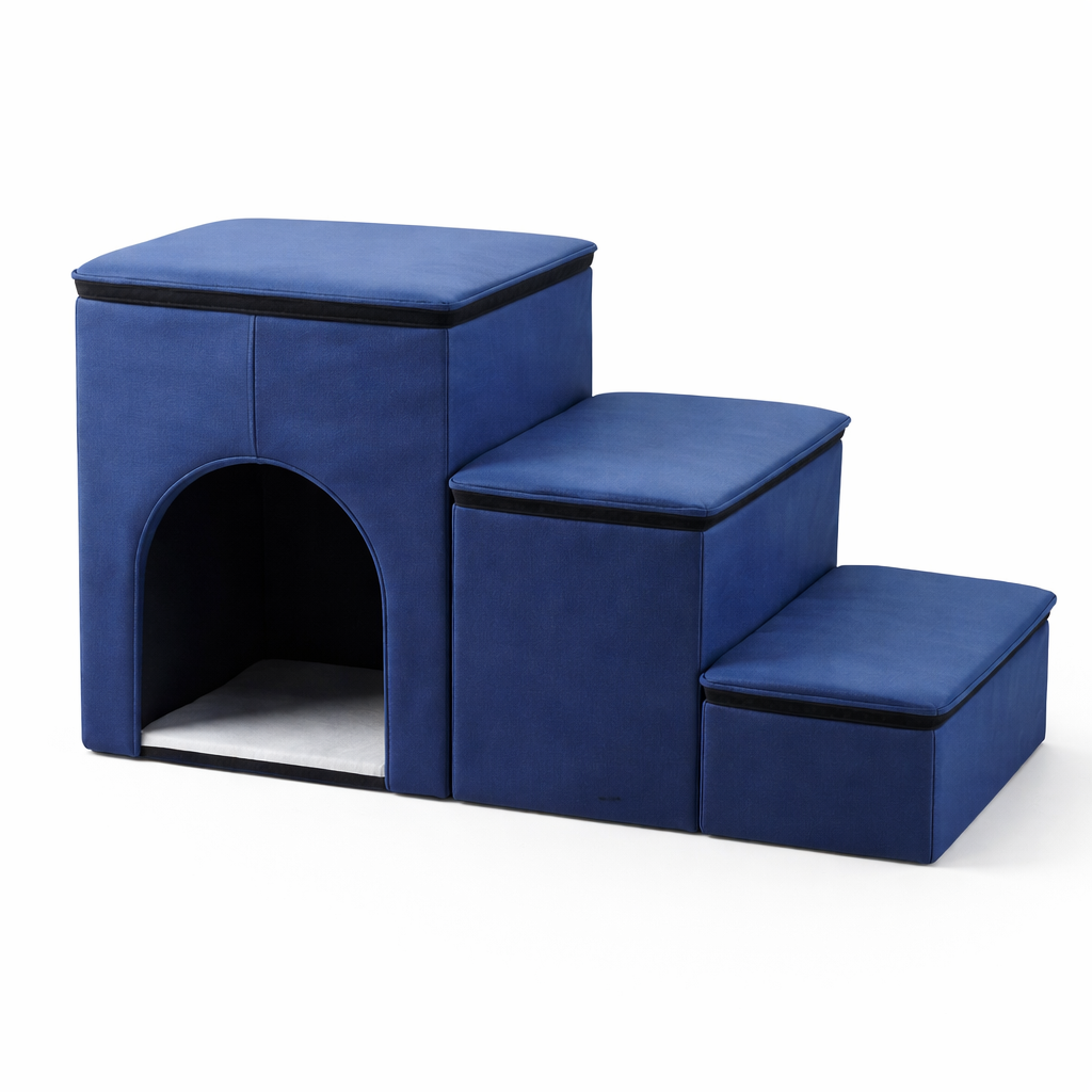 Nook Dog Stairs with Storage and Condo in Navy Blue, 3-step foldable design