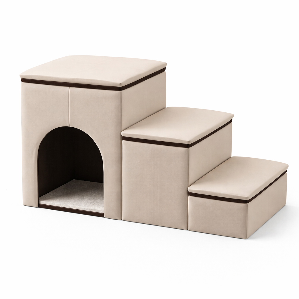 Nook Dog Stairs with Storage and Condo in Beige, 3-step foldable design