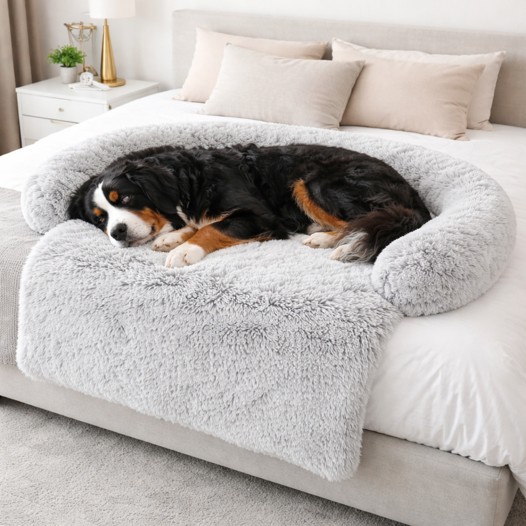Lull calming dog sofa cover bed in Light Grey with a Bernese Mountain Dog curled up