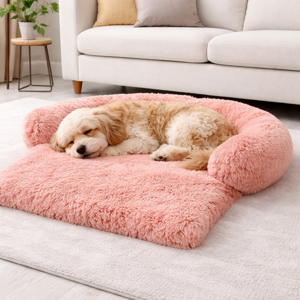 Lull calming dog sofa cover bed in Pink with a dog napping on it