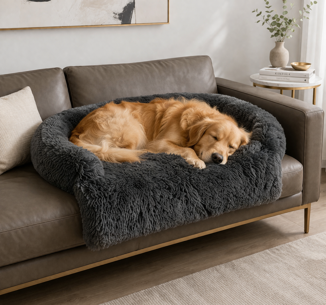 Golden Retriever curled up on the Lull dog sofa cover bed