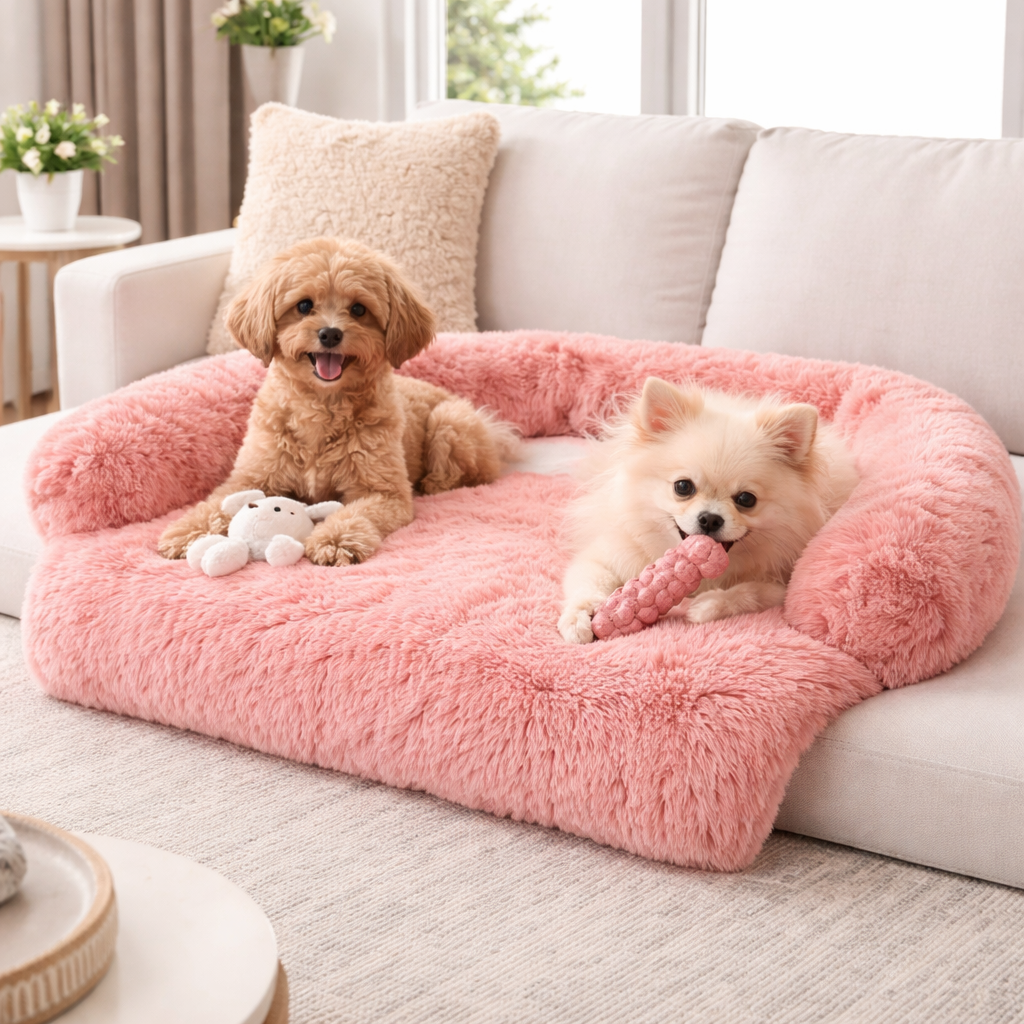 Poodle and Pomeranian on the Pink Lull dog sofa cover bed