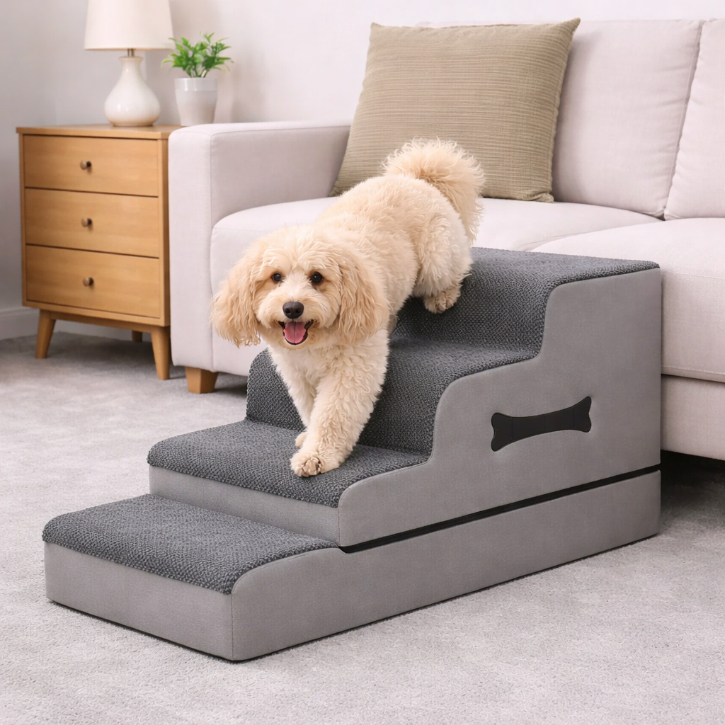 White poodle beside the grey Amble Orthopedic Dog Stairs in a bedroom