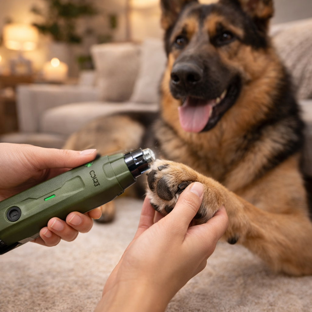 German shepherd with the dark green Buff dog nail grinder