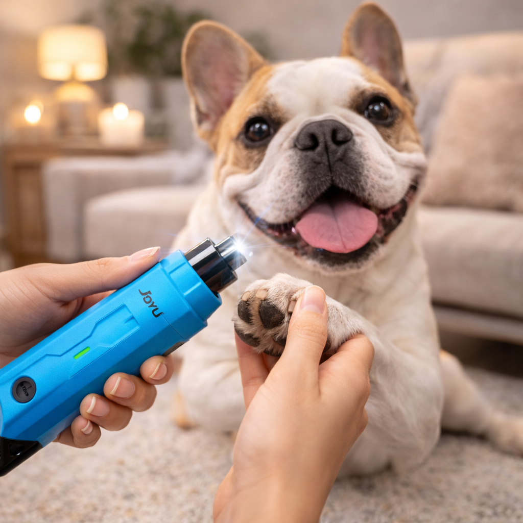 French bulldog with the light blue Buff dog nail grinder