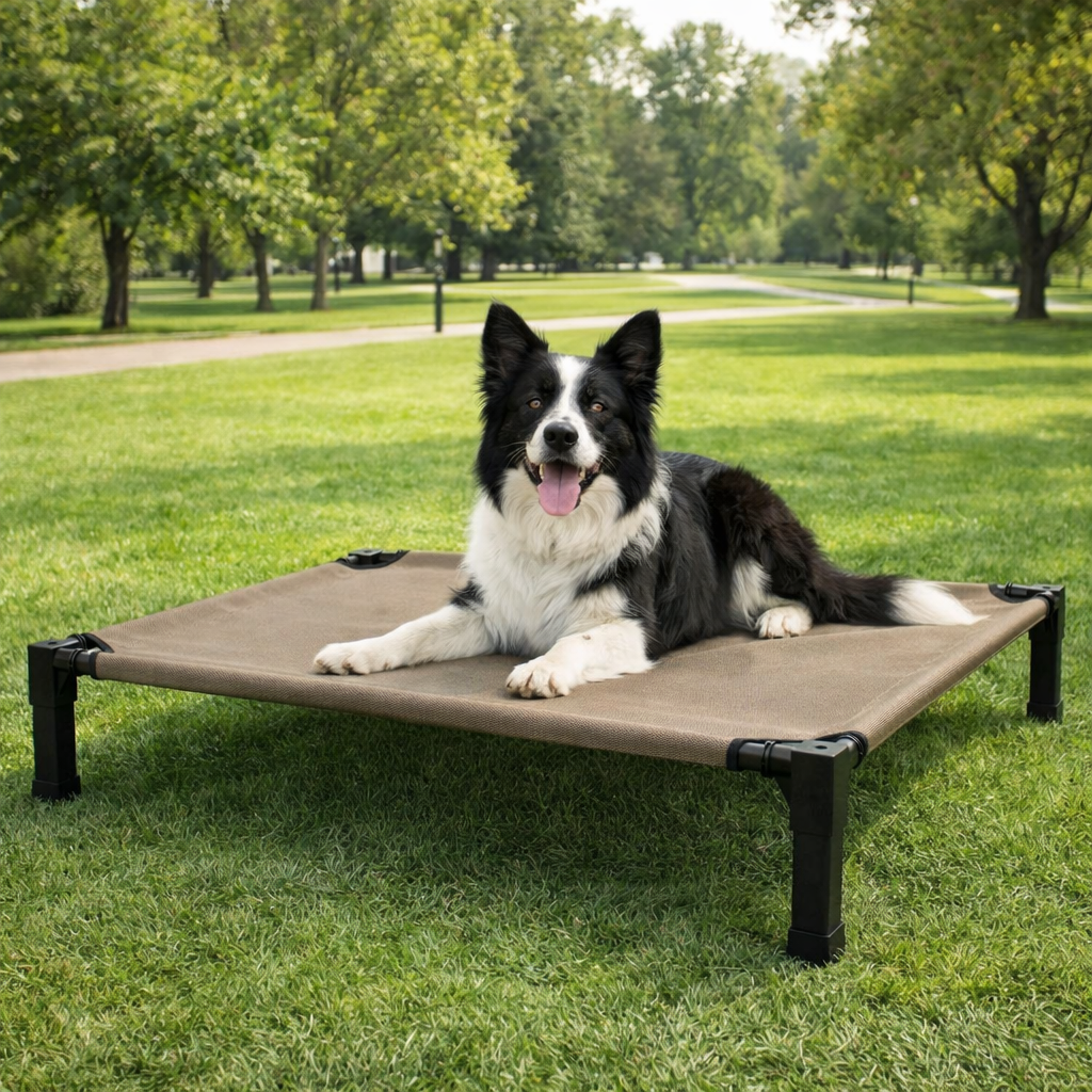 Border collie on the Perch elevated cooling dog cot in a park