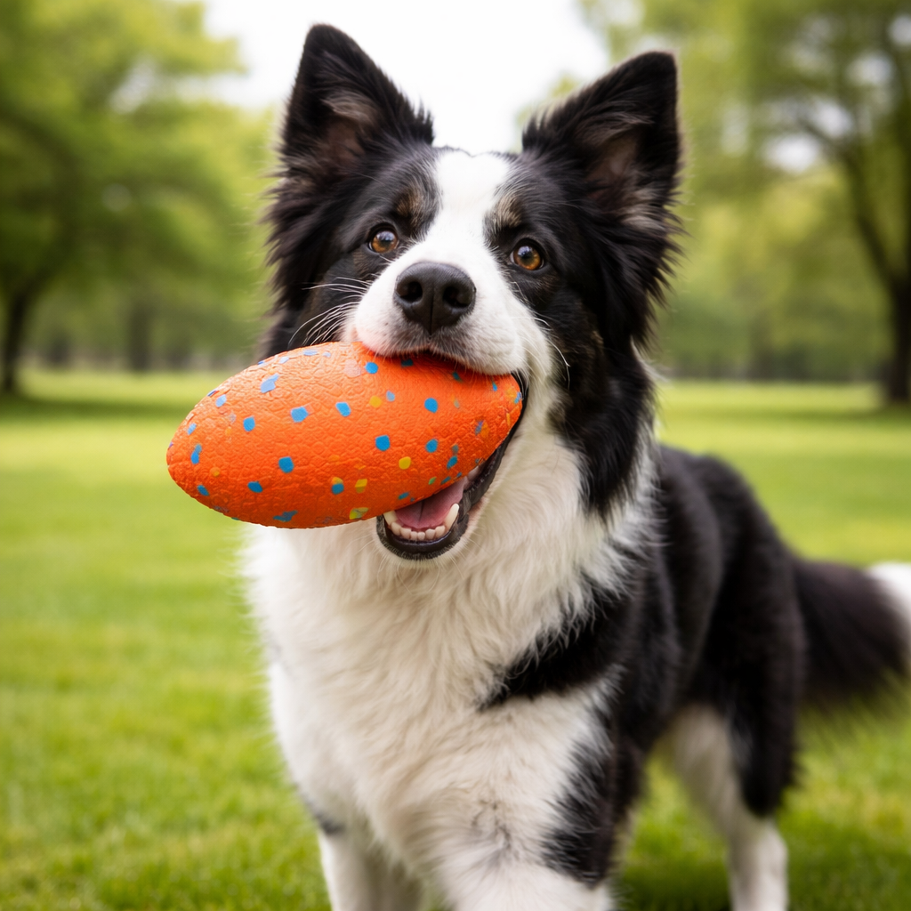 Border collie carrying the orange Blitz Rugged Dog Football on grass