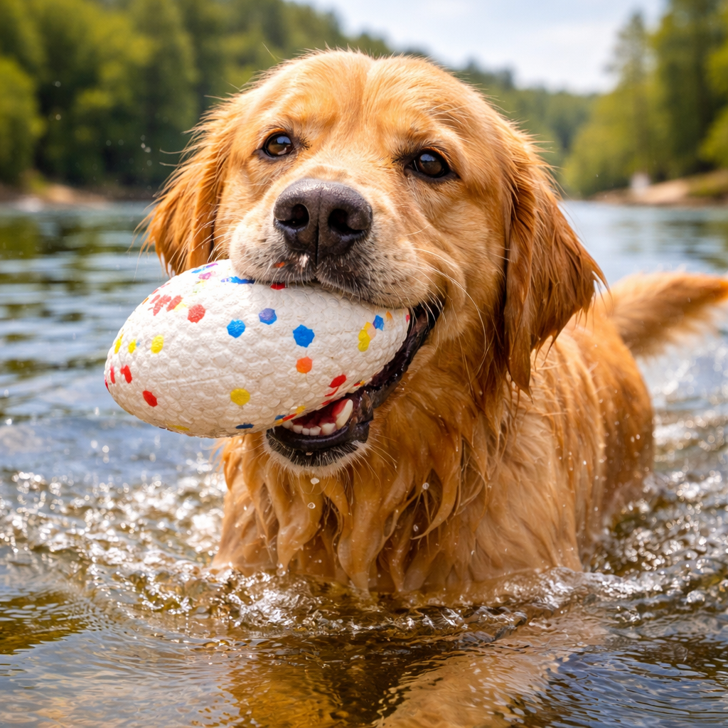 Golden retriever fetching the white Blitz Rugged Dog Football in a lake