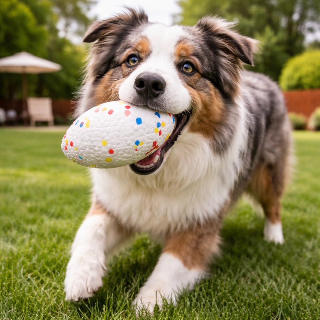 White Blitz Rugged Dog Football carried by an Australian shepherd