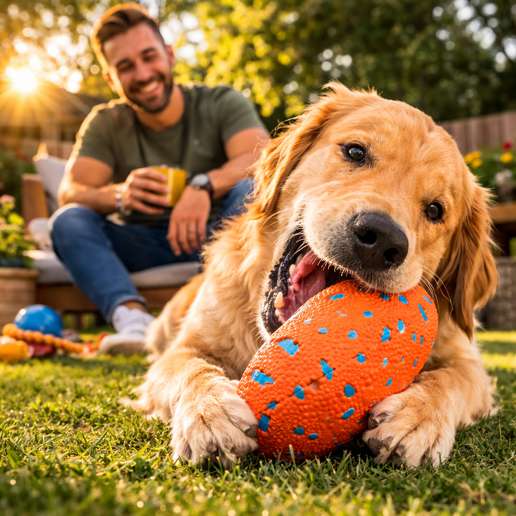 Golden retriever relaxing in the yard with the orange Blitz Rugged Dog Football
