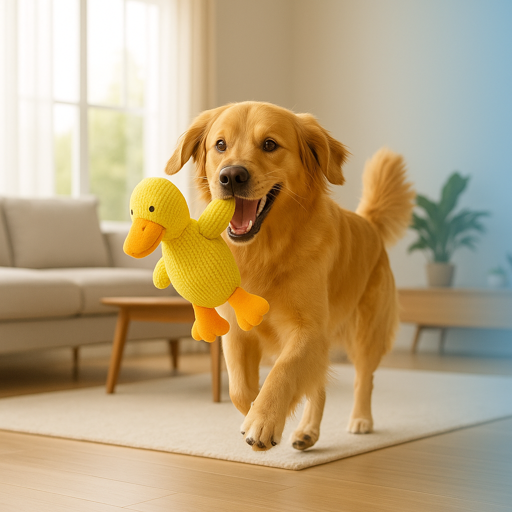 Golden retriever carrying the Nuzzinel Quackers plush duck dog toy