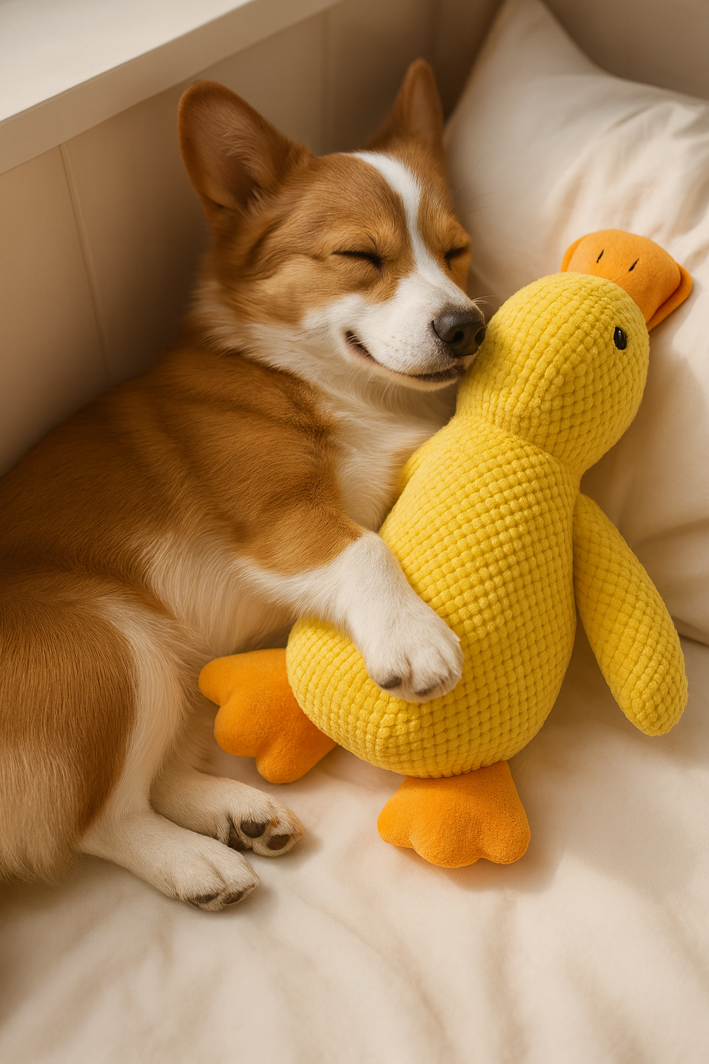 Corgi cuddling the Nuzzinel Quackers plush duck dog toy