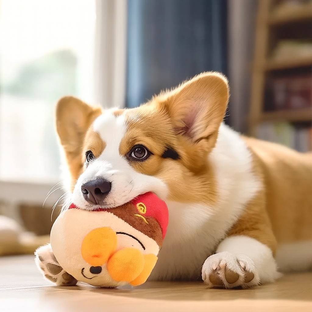 Corgi carrying the Bounce plush dog ball