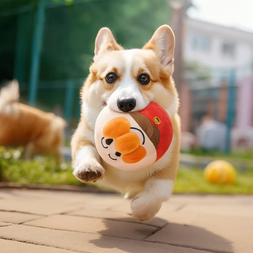 Corgi running with the Bounce plush dog ball