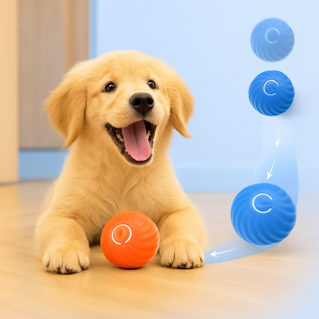 Golden puppy with the orange Zoom automatic moving dog ball