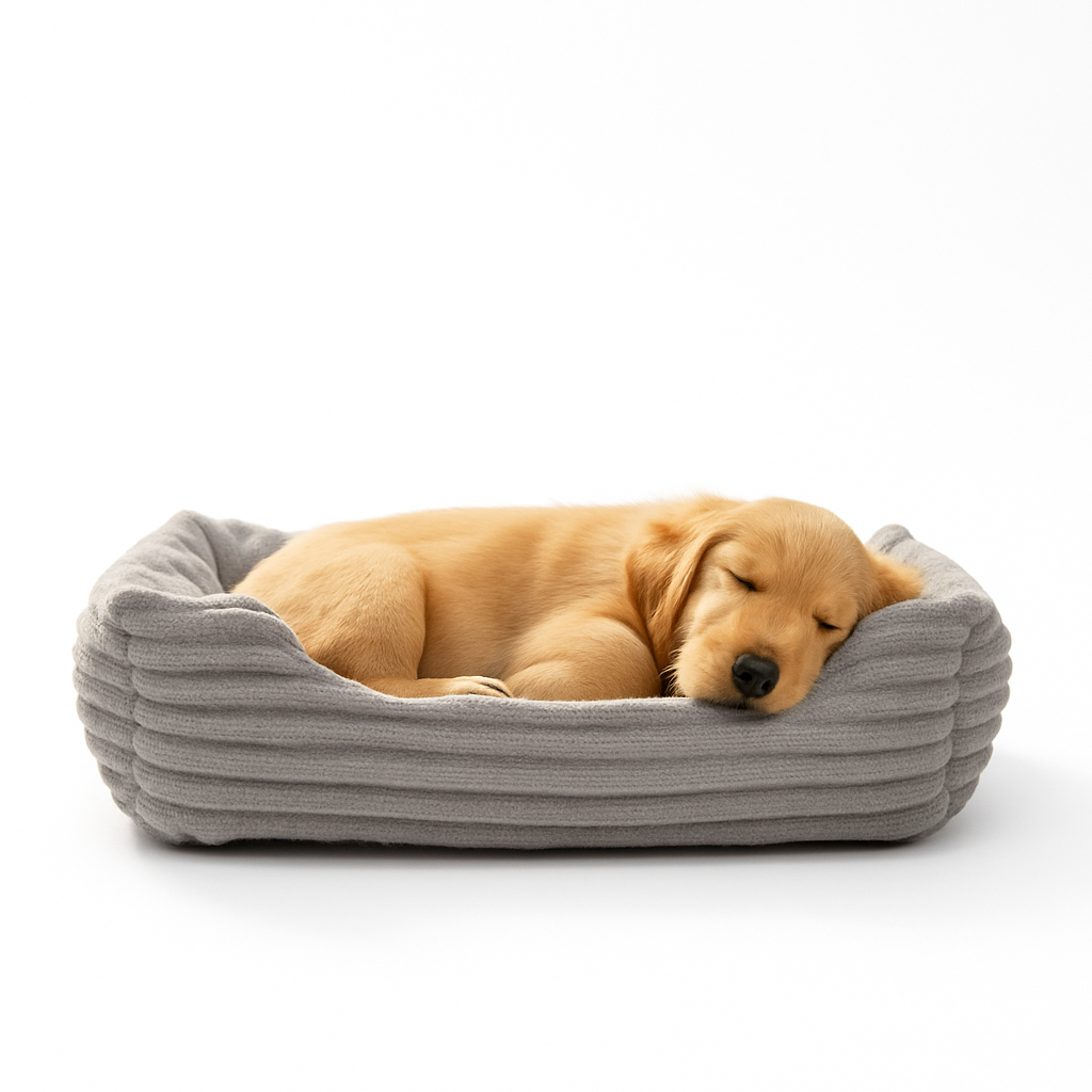 Golden retriever resting in the grey Nuzzinel Puff bolster dog bed